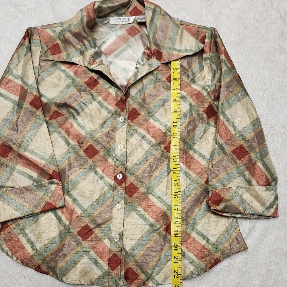• Selene Sport Women's 3/4 Sleeve Plaid Button Up Blouse Medium Gold Multicolor - Picture 10 of 11